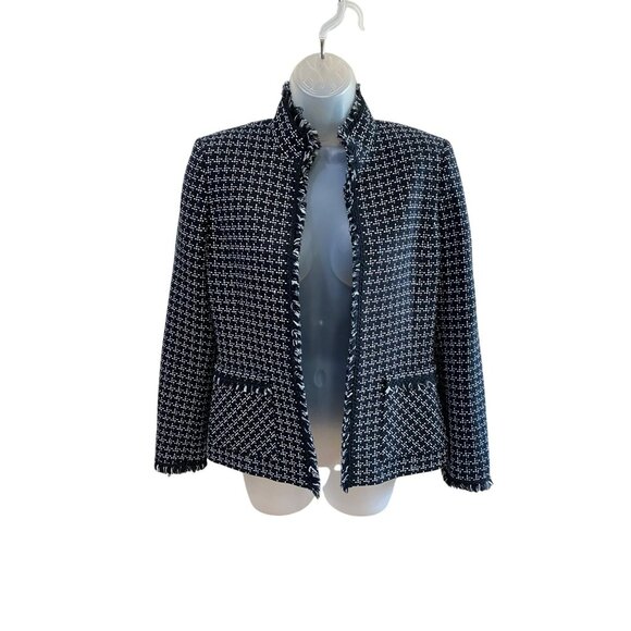 Tahari Arthur S. Levine Petite Open Front Tweed Jacket With Frayed Edges Black/W - Picture 9 of 10